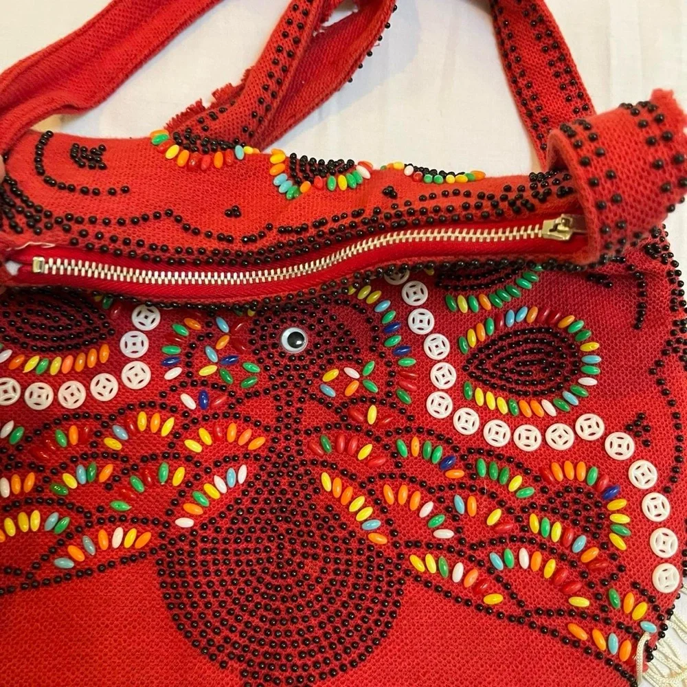 Red Beaded and Embroidered Peacock Satchel Purse‎ Vintage 1970s